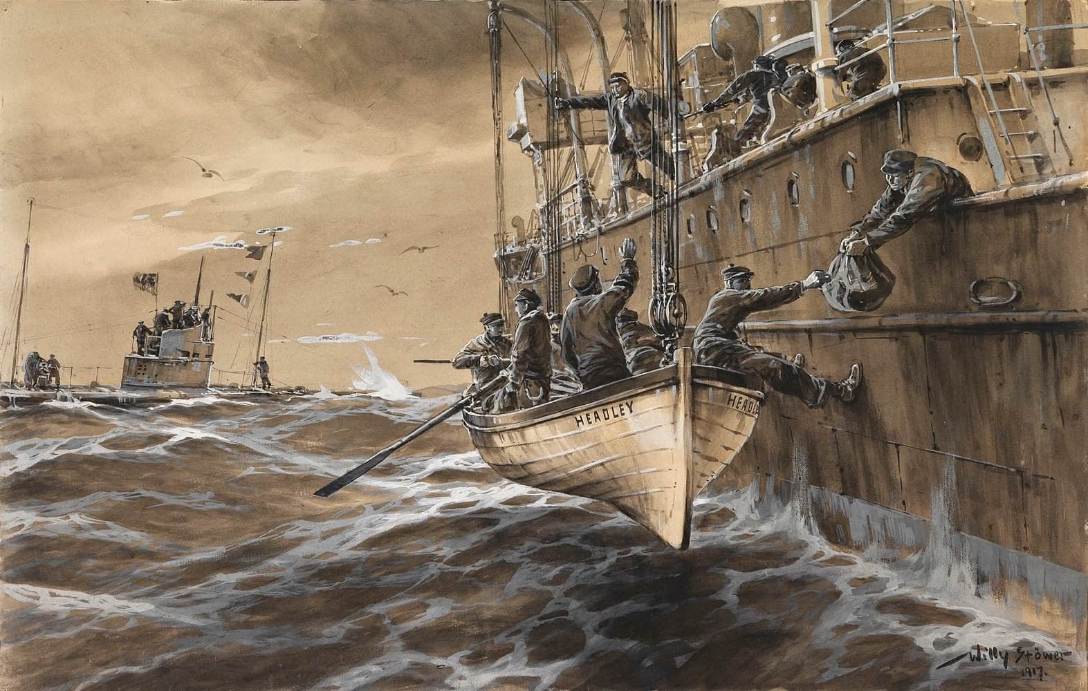 German Submarine British Falle Headley Painting Willy Stower Canvas Art Fine Art Print