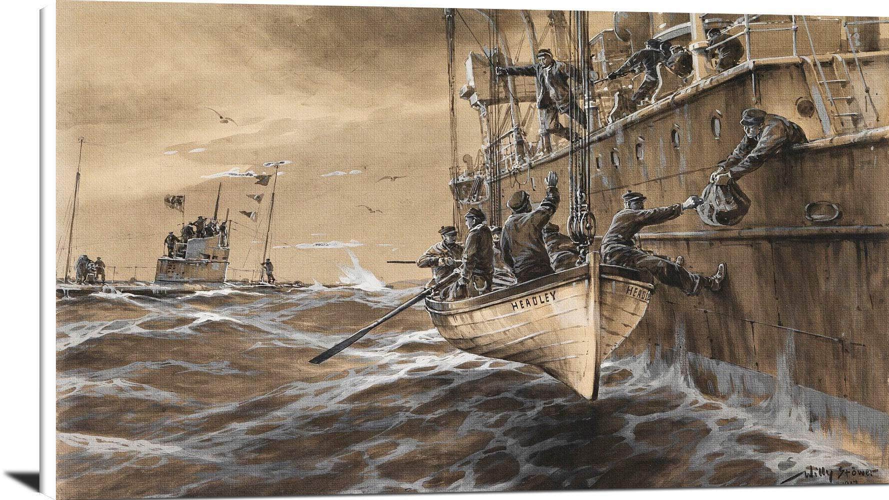 German Submarine British Falle Headley Painting Willy Stower Canvas Art Fine Art Print