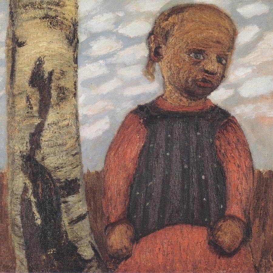 Girl In A Red Dress By A Tree Trunk By Paula Modersohn Becker Fine Art Print