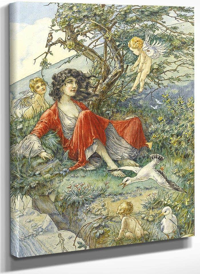 Girl In A Red Dress On A Cliff By William Henry Walker Fine Art Print