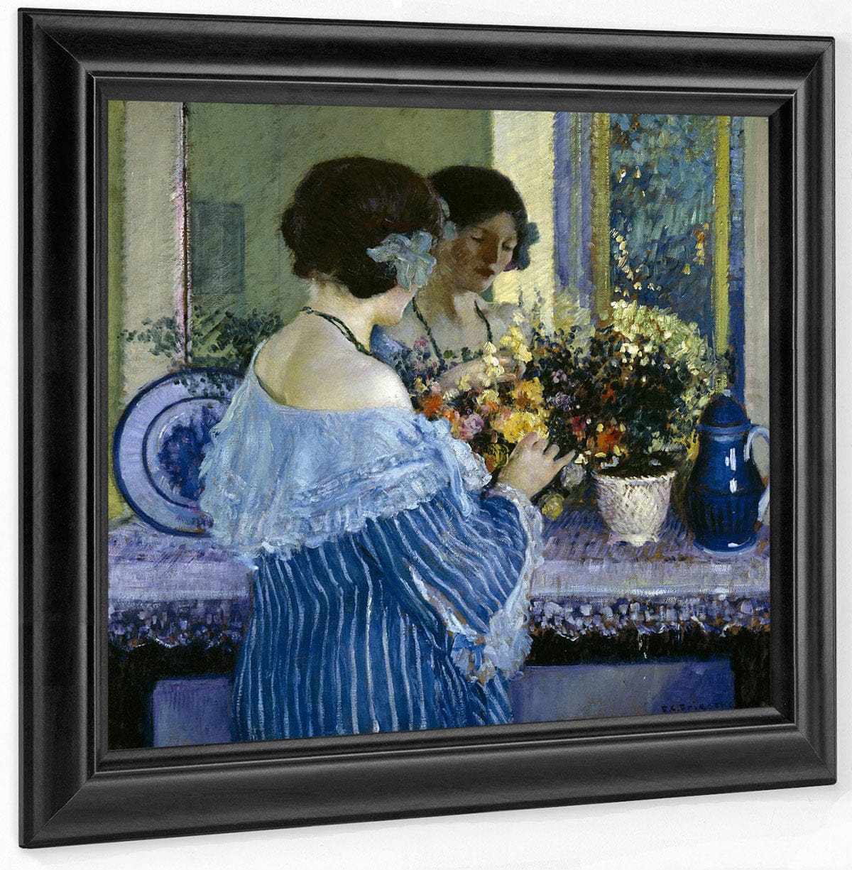 Girl In Blue Arranging Flowers By Frederick Carl Frieseke Fine Art Print