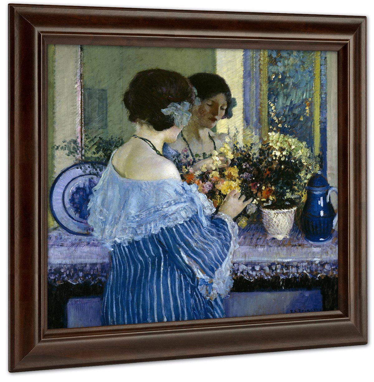 Girl In Blue Arranging Flowers By Frederick Carl Frieseke Fine Art Print