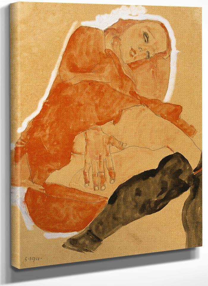 Girl In Red Robe And Black Stockings By Egon Schiele Fine Art Print