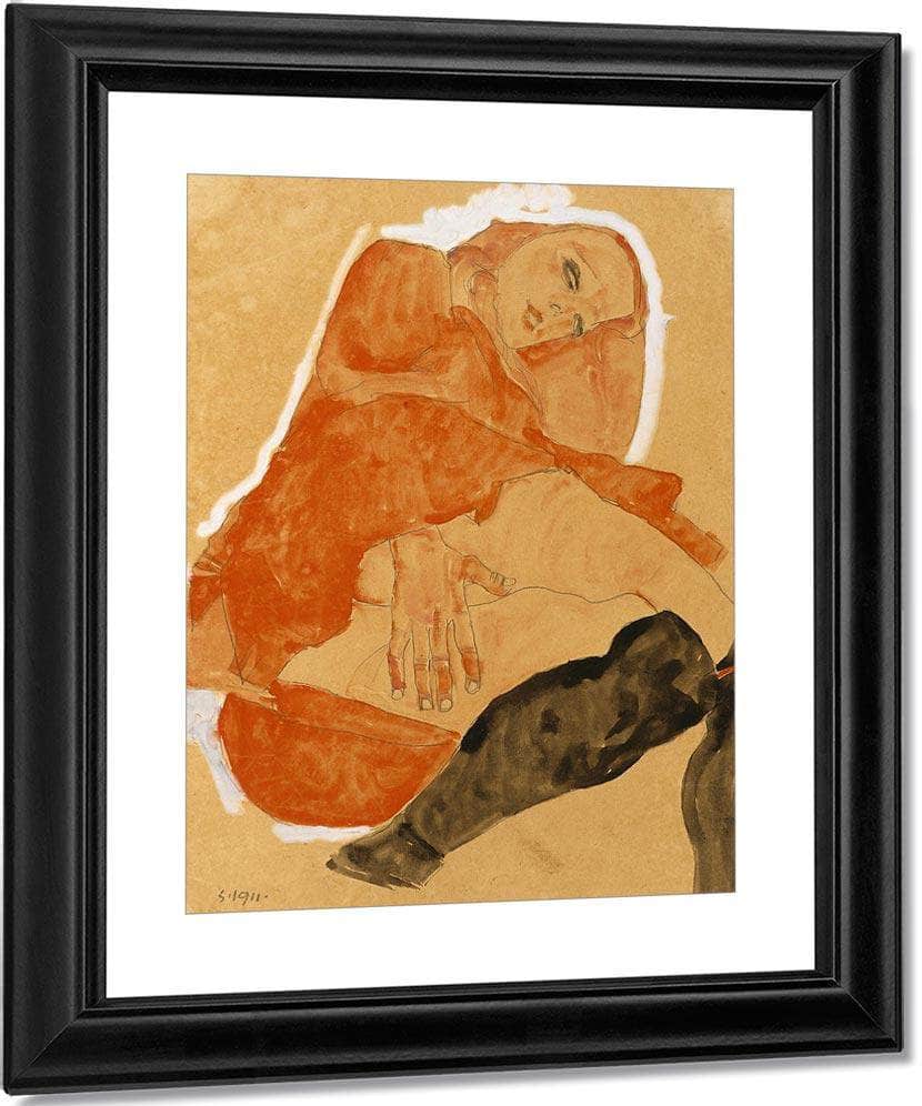 Girl In Red Robe And Black Stockings By Egon Schiele Fine Art Print