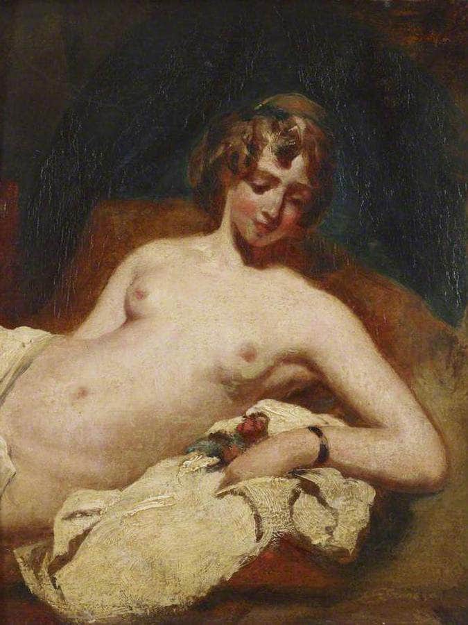 Half Figure Of A Reclining Female Nude On Her Side By William Etty Fine Art Print