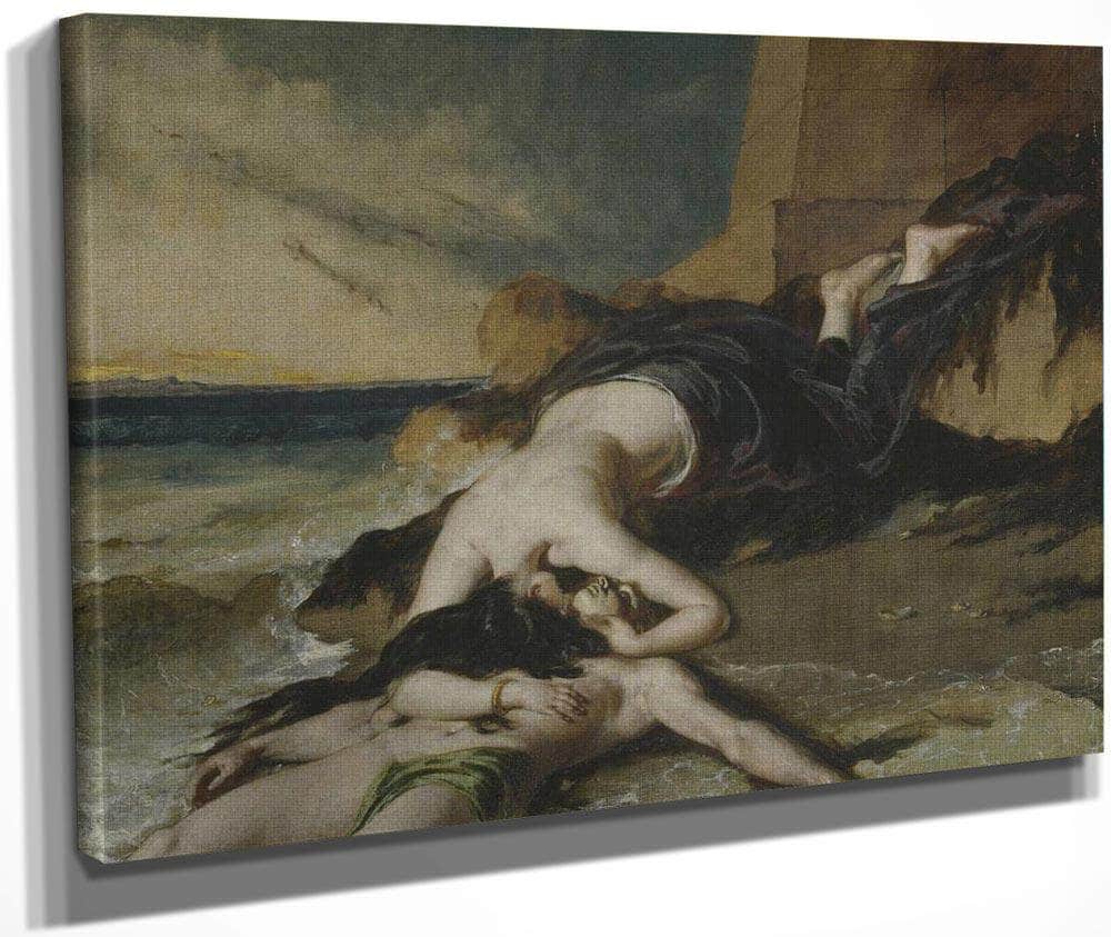 Hero, Having Thrown Herself From The Tower At The Sight Of Leander Drowned, Dies On His Body By William Etty Fine Art Print