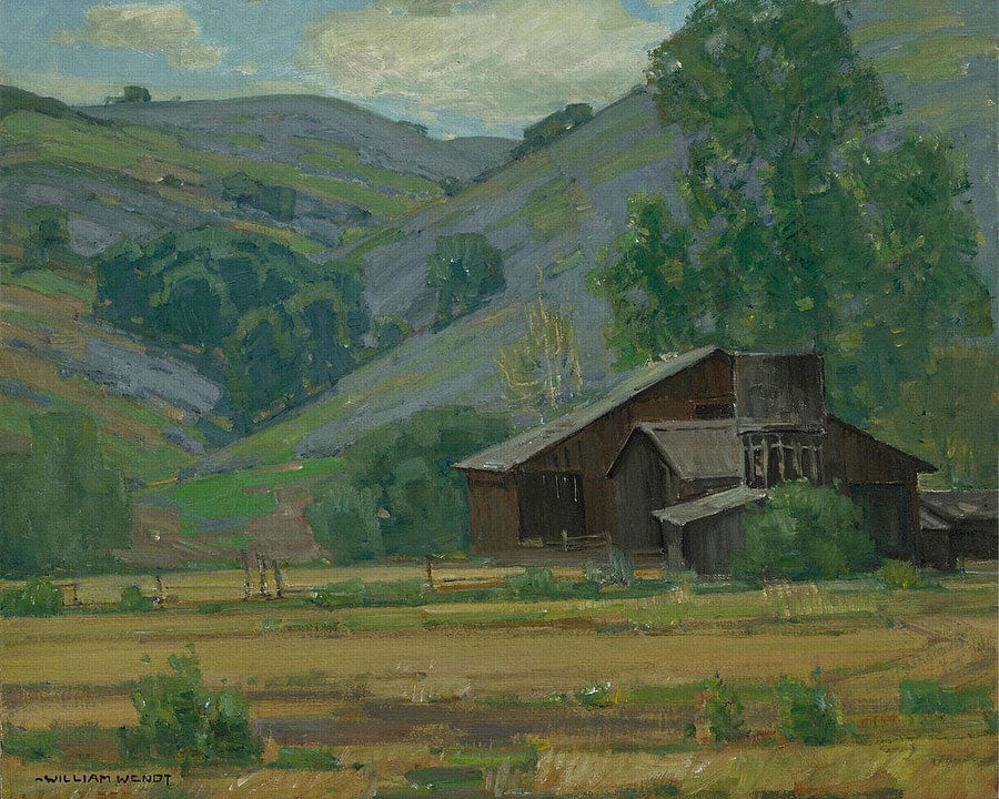Hillside Wildflowers With Barn By William Wendt Fine Art Print