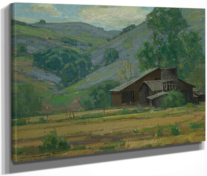 Hillside Wildflowers With Barn By William Wendt Fine Art Print
