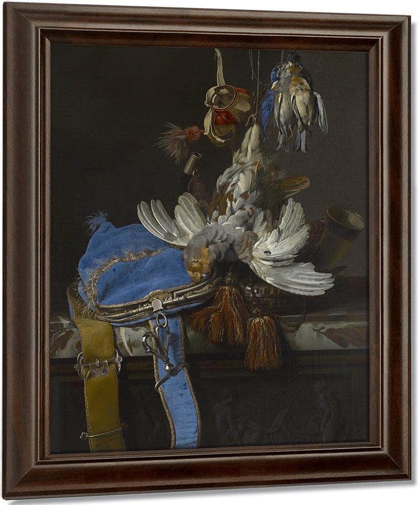 Hunt Still Life With A Velvet Bag On A Marble Ledge By Willem Van Aelst Fine Art Print
