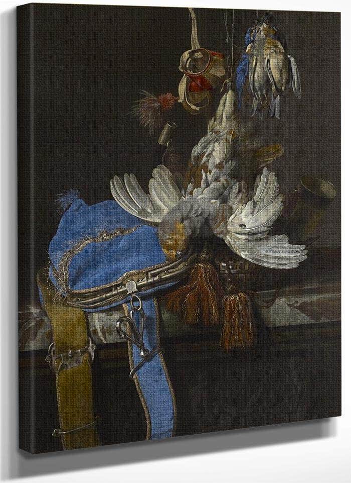 Hunt Still Life With A Velvet Bag On A Marble Ledge By Willem Van Aelst Fine Art Print