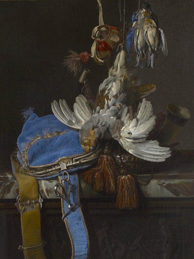 Hunt Still Life With A Velvet Bag On A Marble Ledge By Willem Van Aelst Fine Art Print