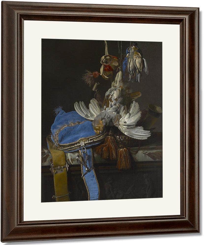 Hunt Still Life With A Velvet Bag On A Marble Ledge By Willem Van Aelst Fine Art Print