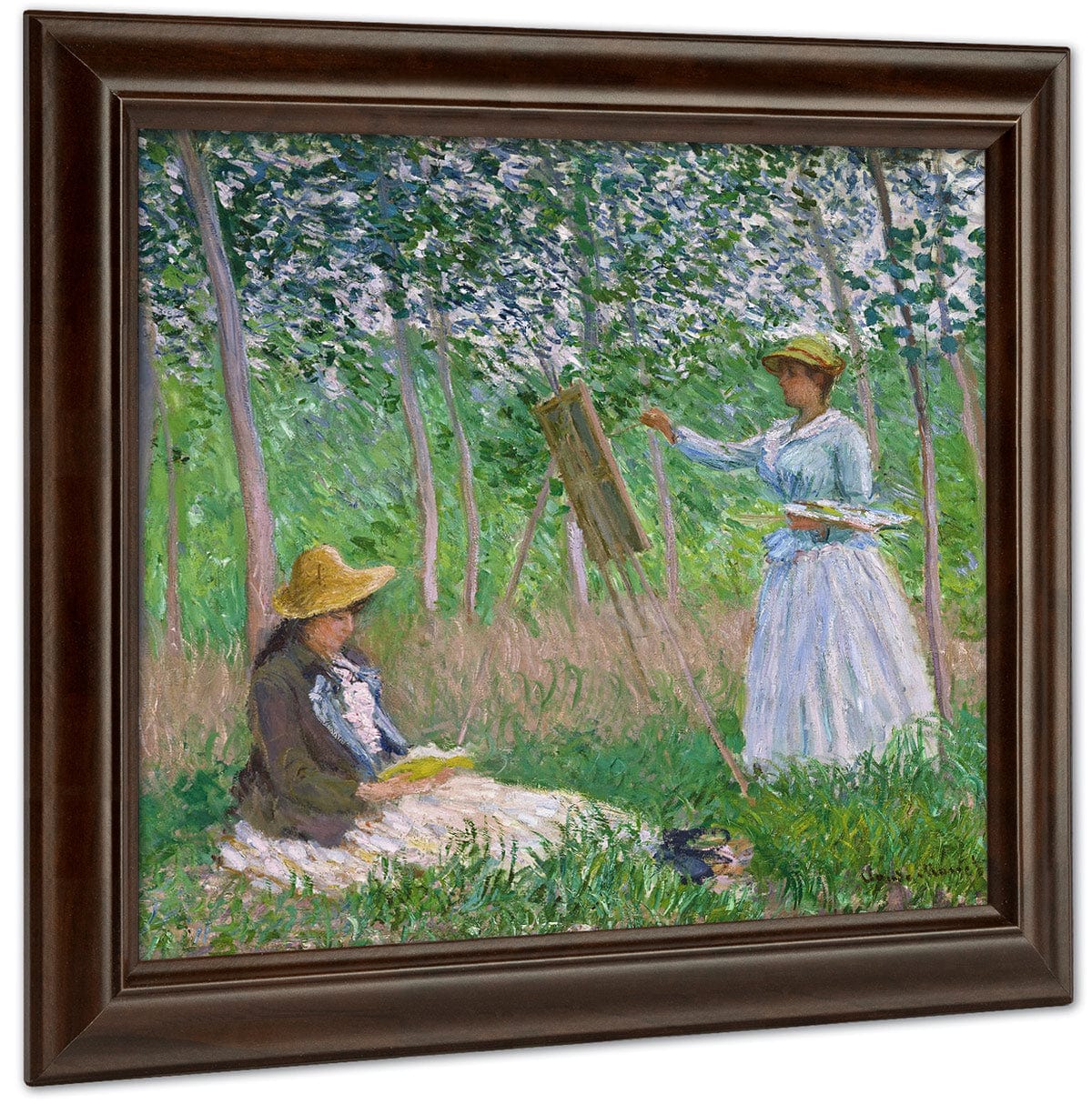 In The Woods At Giverny Blanche Hoschede At Her Easel With Suzanne Hoschede Reading By Claude Monet Fine Art Print