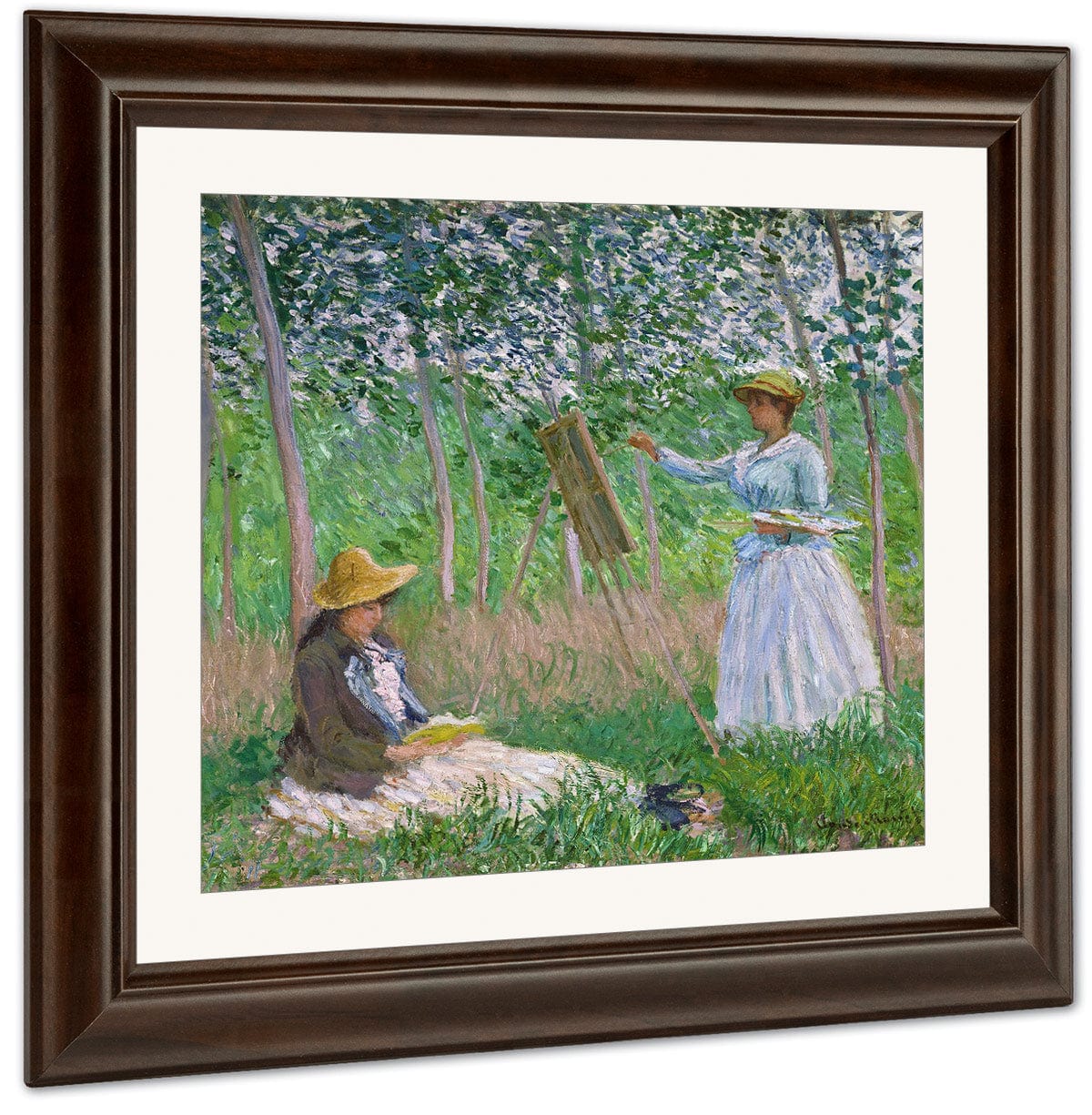 In The Woods At Giverny Blanche Hoschede At Her Easel With Suzanne Hoschede Reading By Claude Monet Fine Art Print