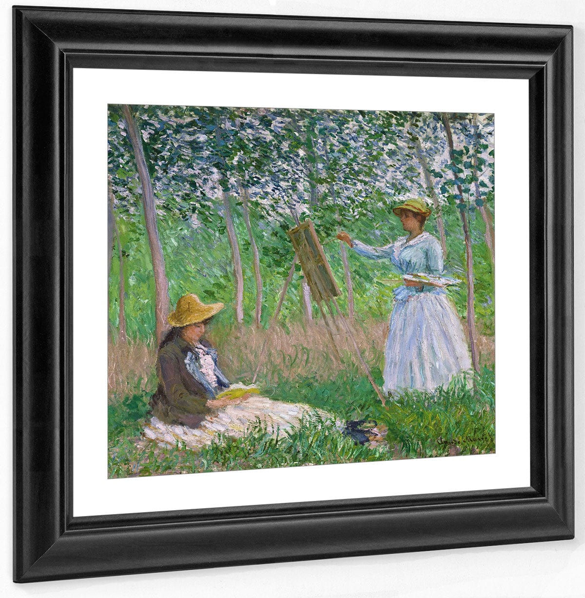 In The Woods At Giverny Blanche Hoschede At Her Easel With Suzanne Hoschede Reading By Claude Monet Fine Art Print