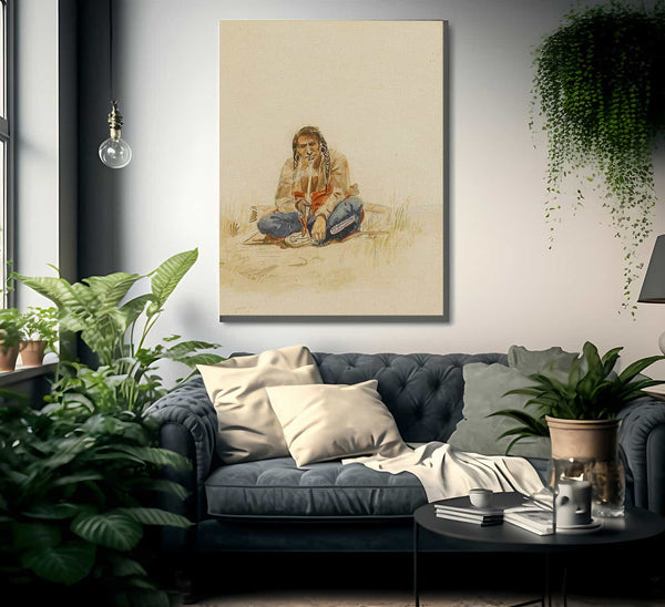 Indian Smoking Peace Pipe By Charles Marion Russell Fine Art Print