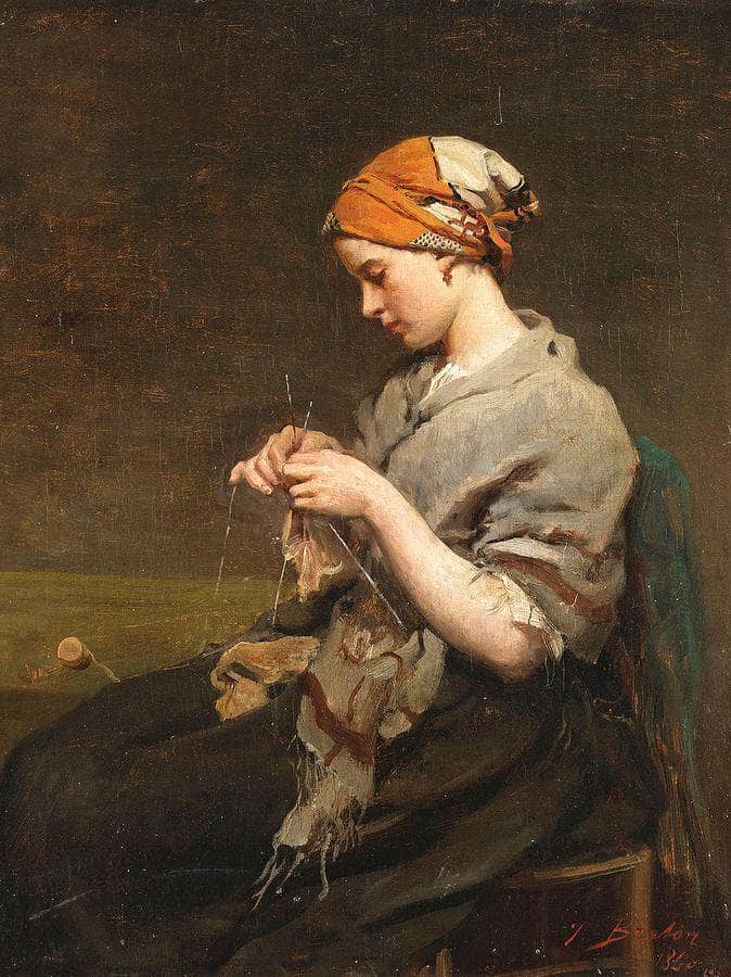 Jeune Fille Tricotant By Jules Breton Fine Art Print