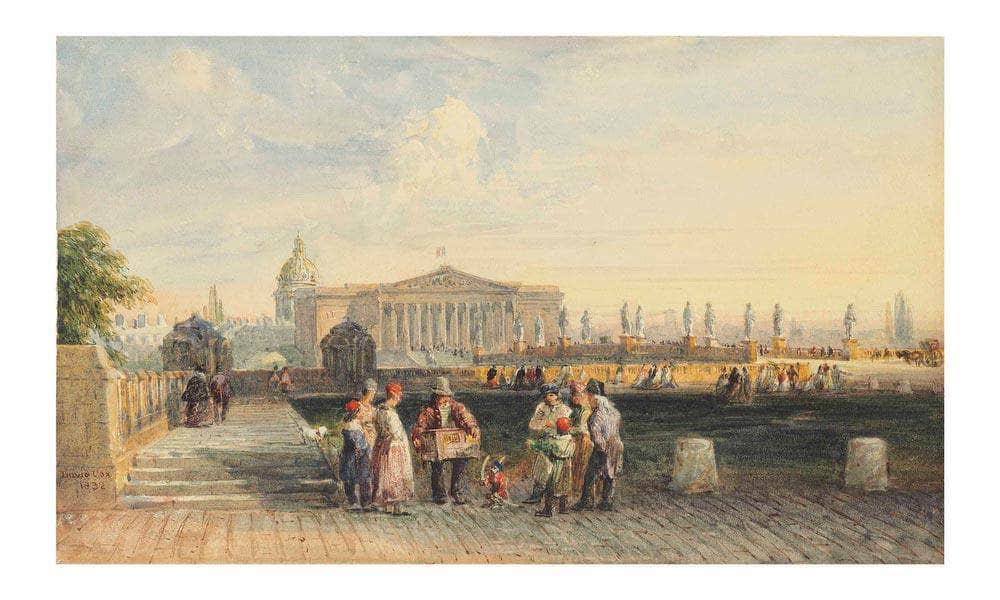 L’assemblee Nationale With Les Invalides Beyond Paris With A Group Around A Street Entertainer With His Monkey In Hat And Red Coat Holding A Bow By David Cox Fine Art Print