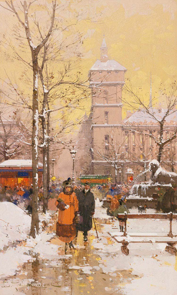 La Place Du Châtelet Et La Conciergerie Sous La Neige By Eugene Galien Laloue Fine Art Print