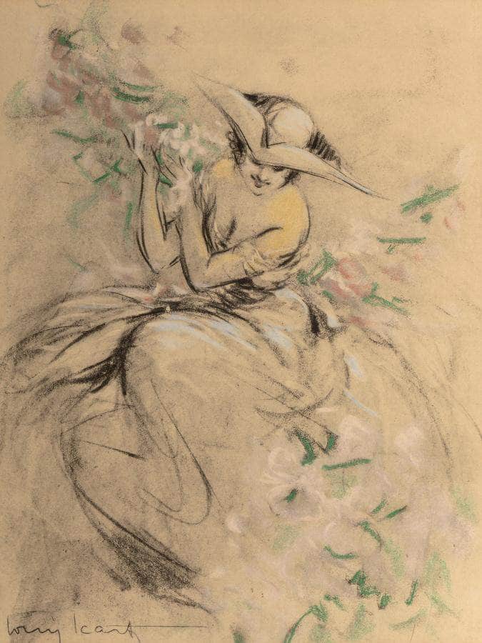 Lady In Flower Garden By Louis Icart Fine Art Print