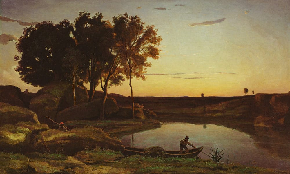 Landscape With Lake And Boatman By Jean Baptiste Camille Corot Fine Art Print