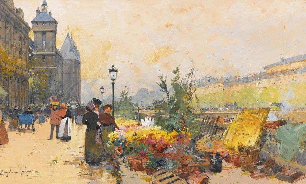 Le Marche Des Fleurs À La Cite By Eugene Galien Laloue Fine Art Print