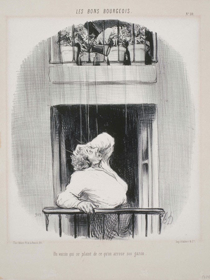 Les Bons Bourgeois Un Voisin Qui Se Plaint De Ce Qu'on Arrose By Honore Daumier Fine Art Print