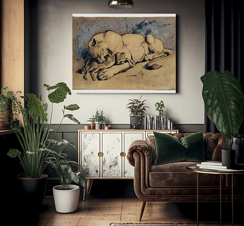 Lioness Devouring A Rabbit By Eugene Delacroix Fine Art Print