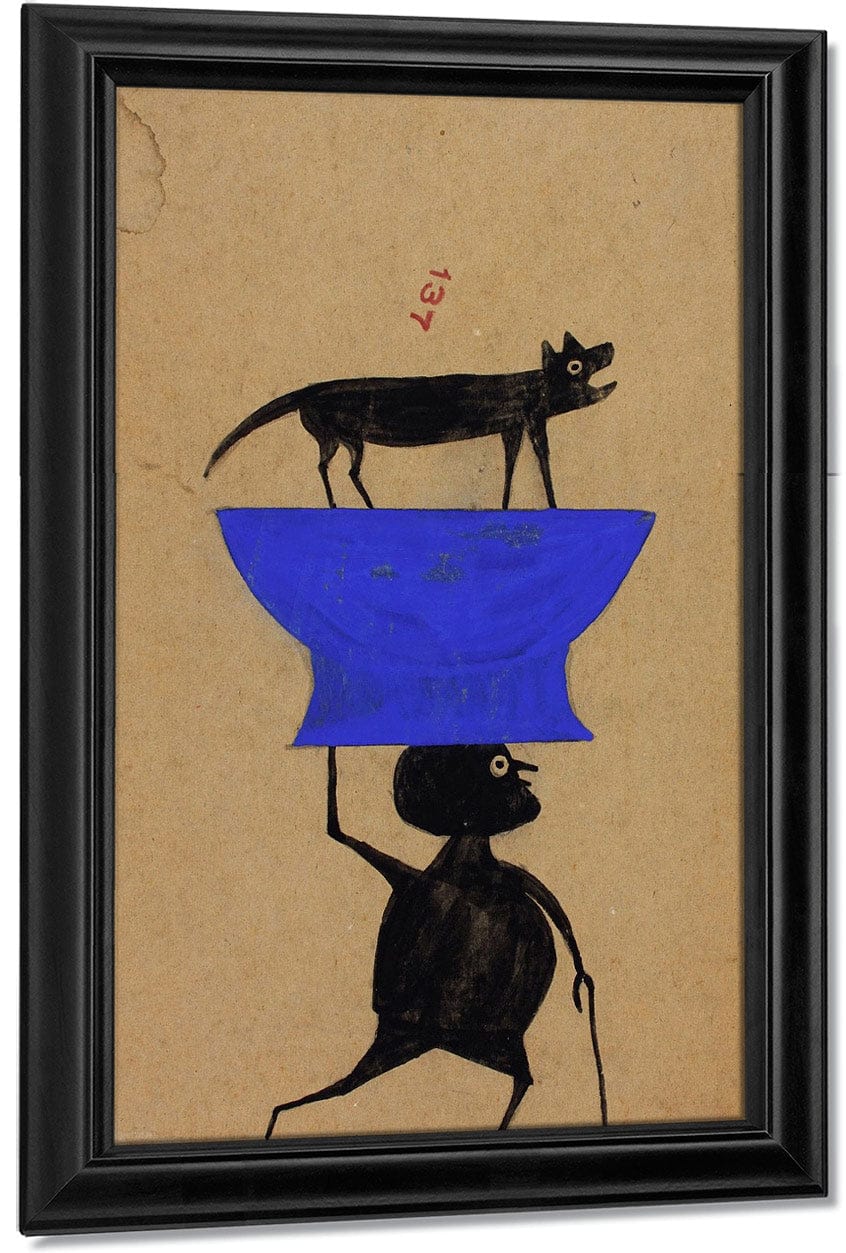 Man Carrying Dog On Object By Bill Traylor Fine Art Print
