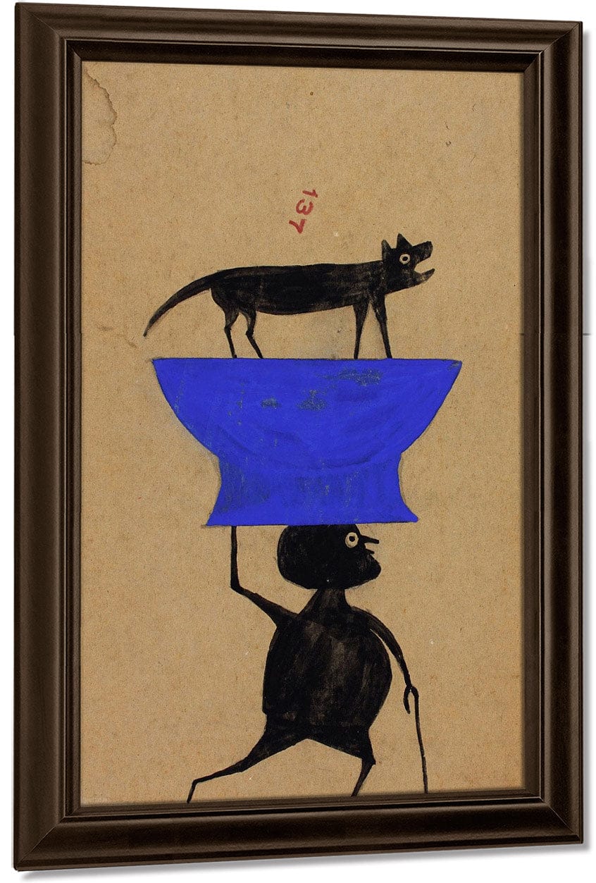 Man Carrying Dog On Object By Bill Traylor Fine Art Print