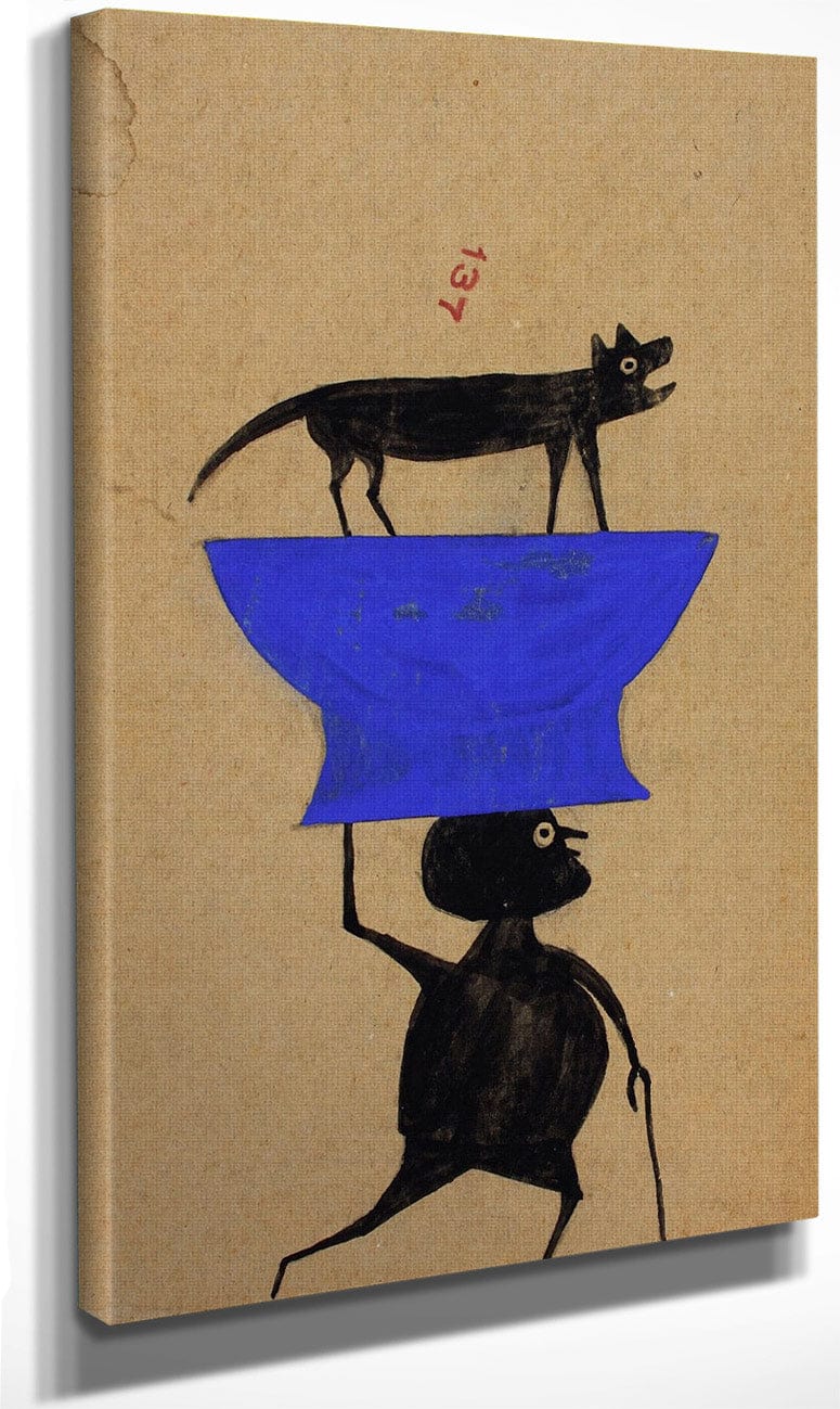 Man Carrying Dog On Object By Bill Traylor Fine Art Print