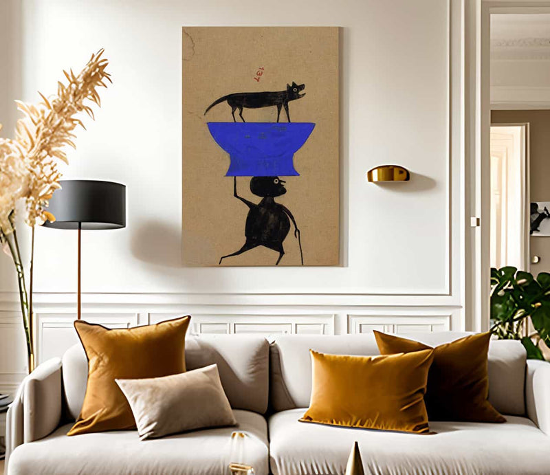 Man Carrying Dog On Object By Bill Traylor Fine Art Print