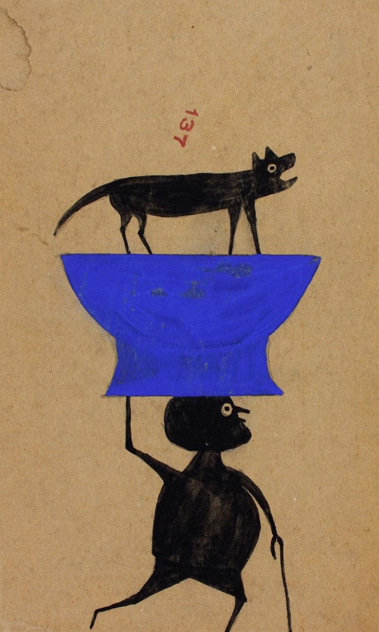 Man Carrying Dog On Object By Bill Traylor Fine Art Print