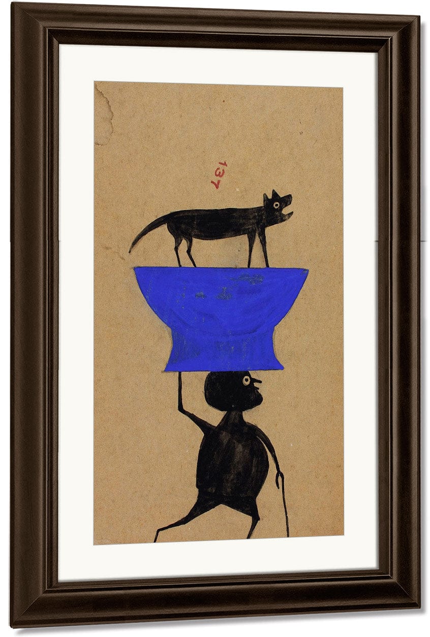 Man Carrying Dog On Object By Bill Traylor Fine Art Print