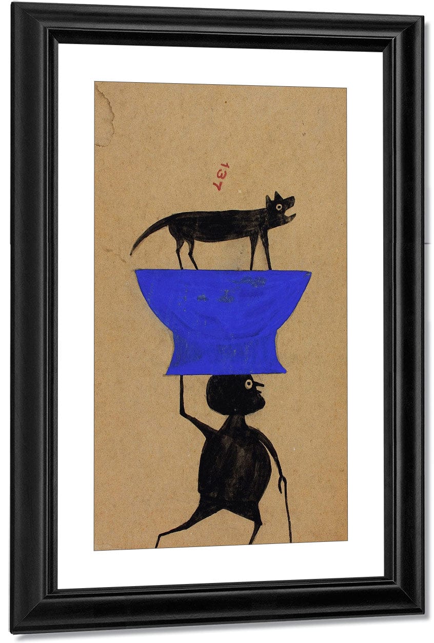 Man Carrying Dog On Object By Bill Traylor Fine Art Print