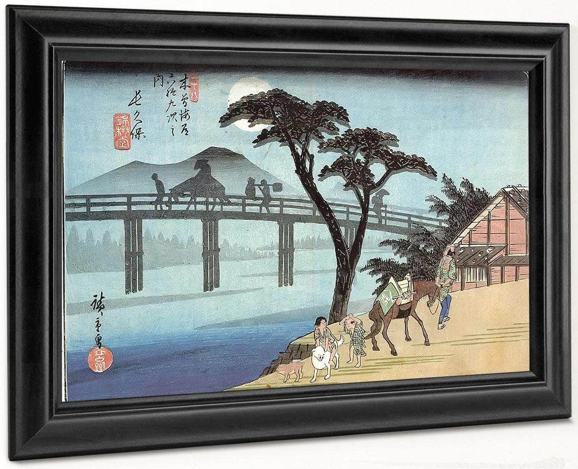 Man On Horseback Crossing A Bridge By Hiroshige Fine Art Print