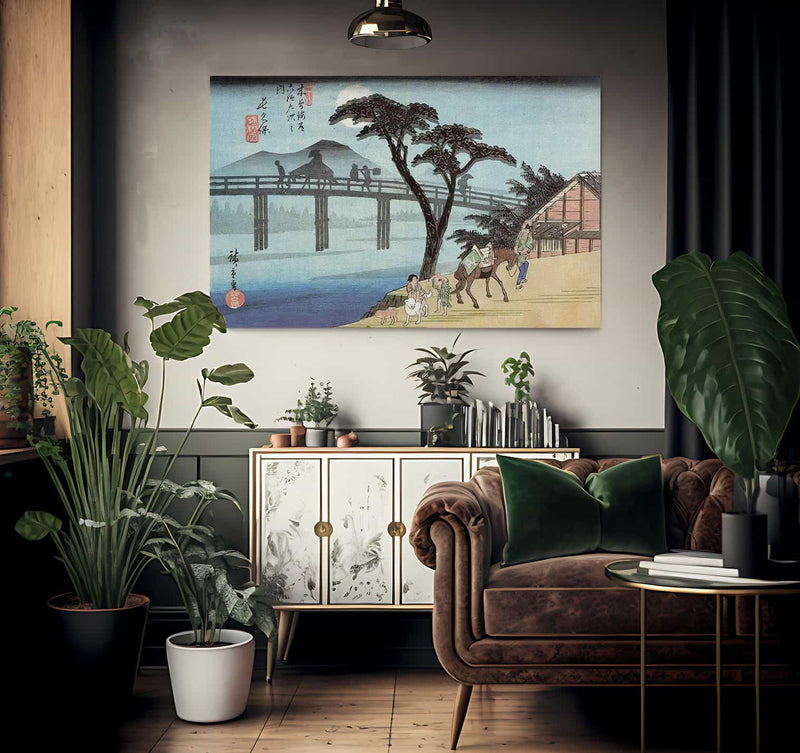 Man On Horseback Crossing A Bridge By Hiroshige Fine Art Print