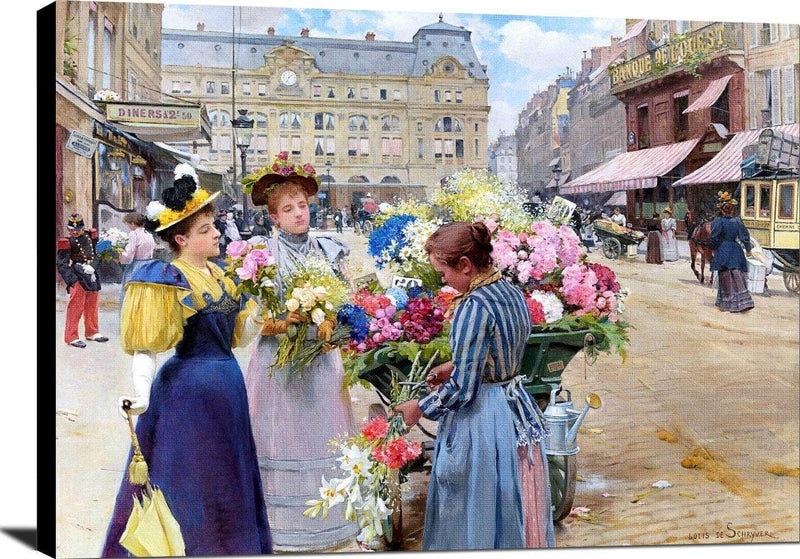 Marchand De Fleurs, La Rue Du Havre, Paris Painting Louis De Schryver Canvas Art Fine Art Print