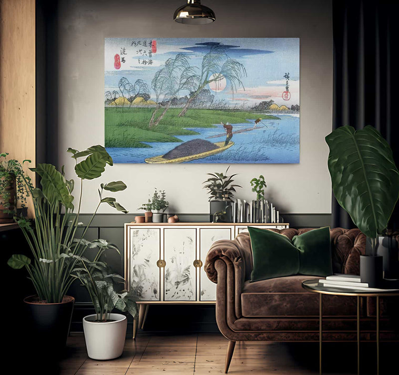 Men Poling Boats Past A Bank With Willows By Hiroshige Fine Art Print