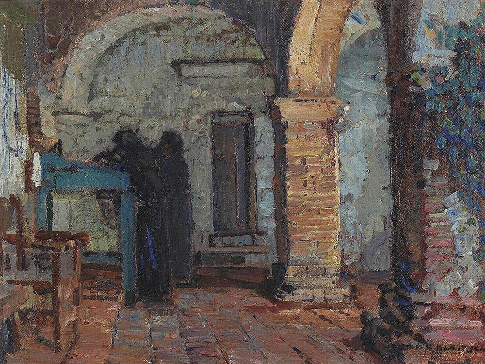 Monks Under A Mission Arcade By Joseph Kleitsch Fine Art Print