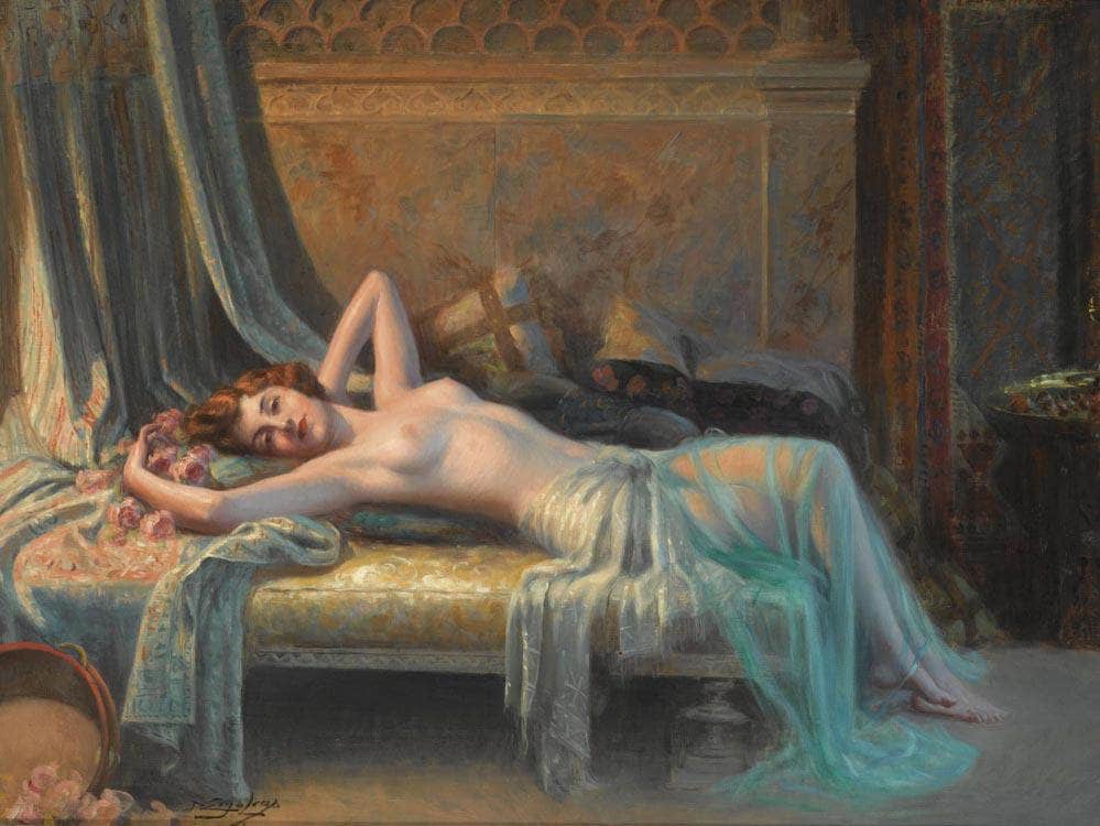 Nu Etendu Au Bouquet De Roses By Enjolras Delphin Fine Art Print