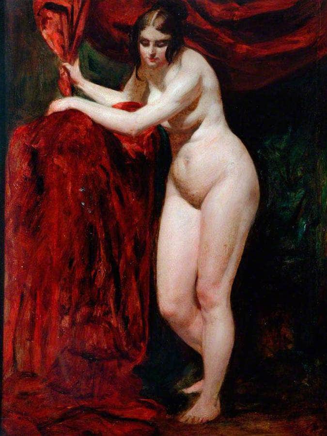Nude Woman, Holding Red Drapery By William Etty Fine Art Print