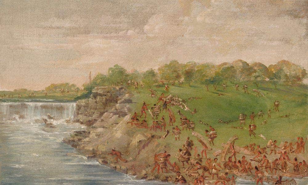 Ojibwa Portaging Around The Falls Of St. Anthony By George Catlin Fine Art Print