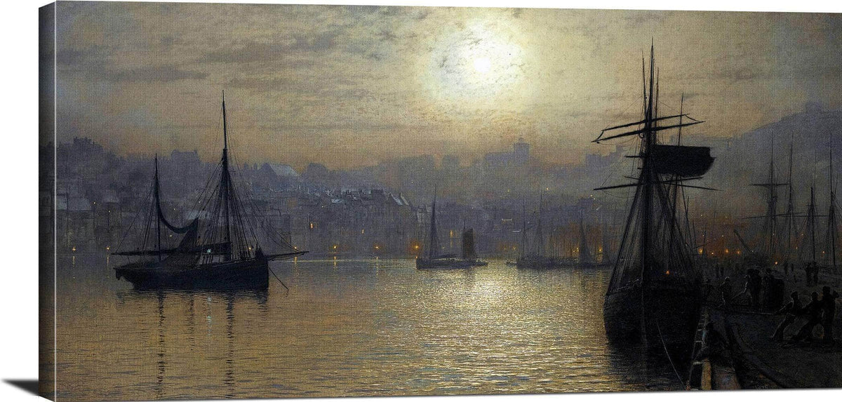 Old Scarborough, Full Moon, High Water Painting John Grimshaw Canvas Art Fine Art Print