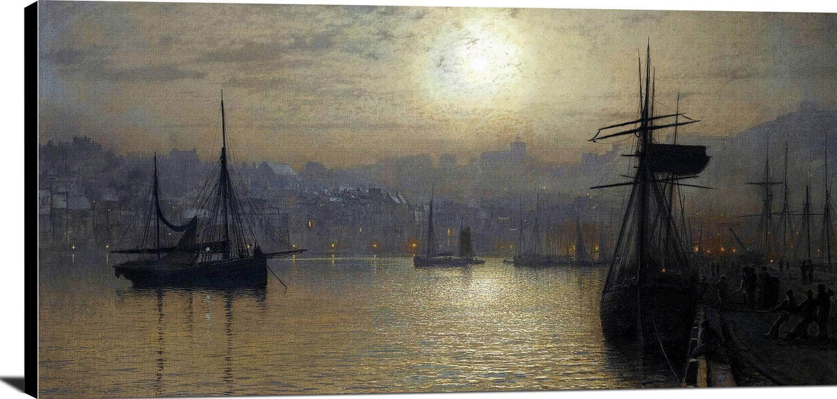Old Scarborough, Full Moon, High Water Painting John Grimshaw Canvas Art Fine Art Print