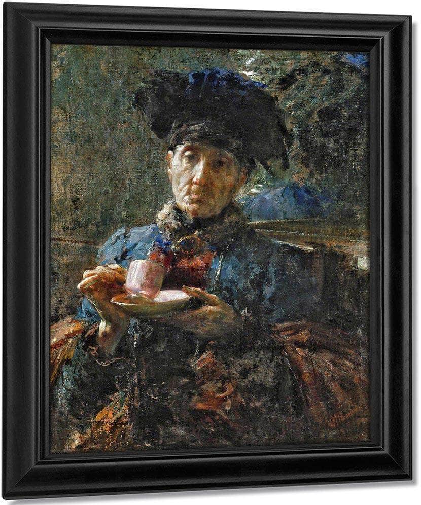 Old Woman Drinking Tea By Antonio Mancini Fine Art Print