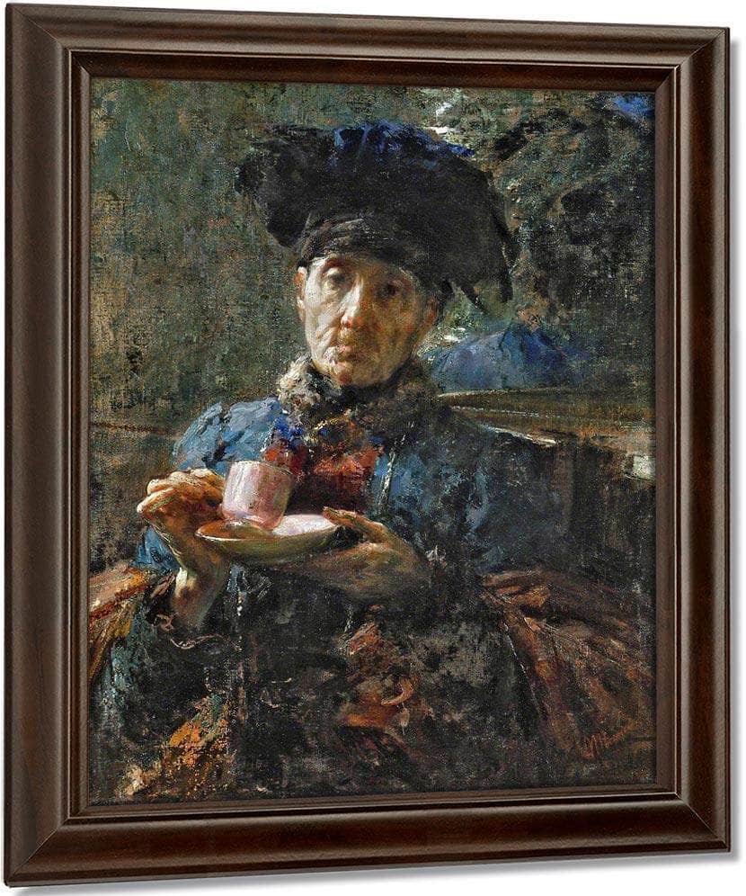 Old Woman Drinking Tea By Antonio Mancini Fine Art Print