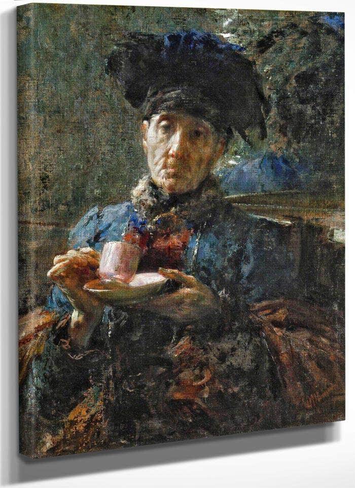 Old Woman Drinking Tea By Antonio Mancini Fine Art Print