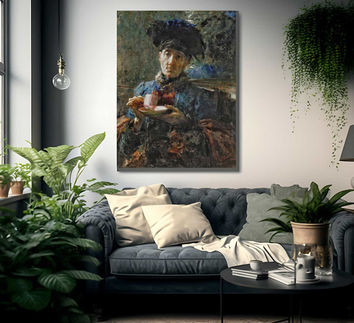 Old Woman Drinking Tea By Antonio Mancini Fine Art Print