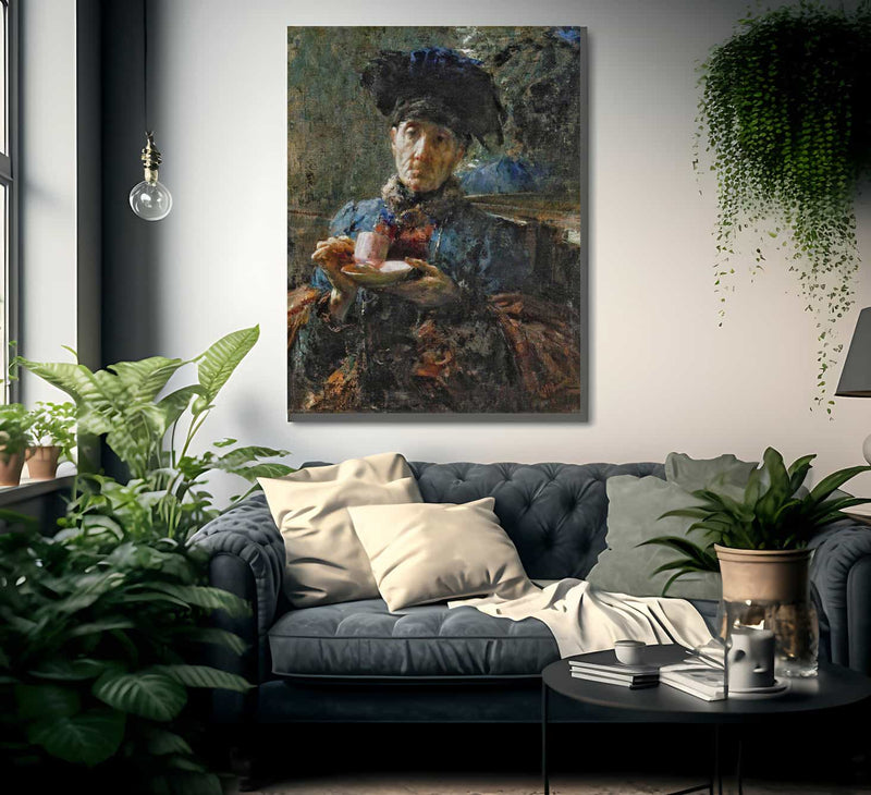 Old Woman Drinking Tea By Antonio Mancini Fine Art Print
